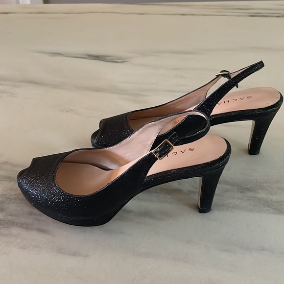 Black glitter open toe heels. - Picture 4 of 7